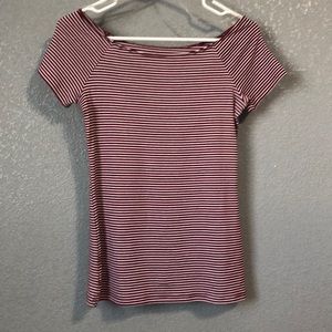 Maroon & White Striped Fitted Off-the-shoulder Tee